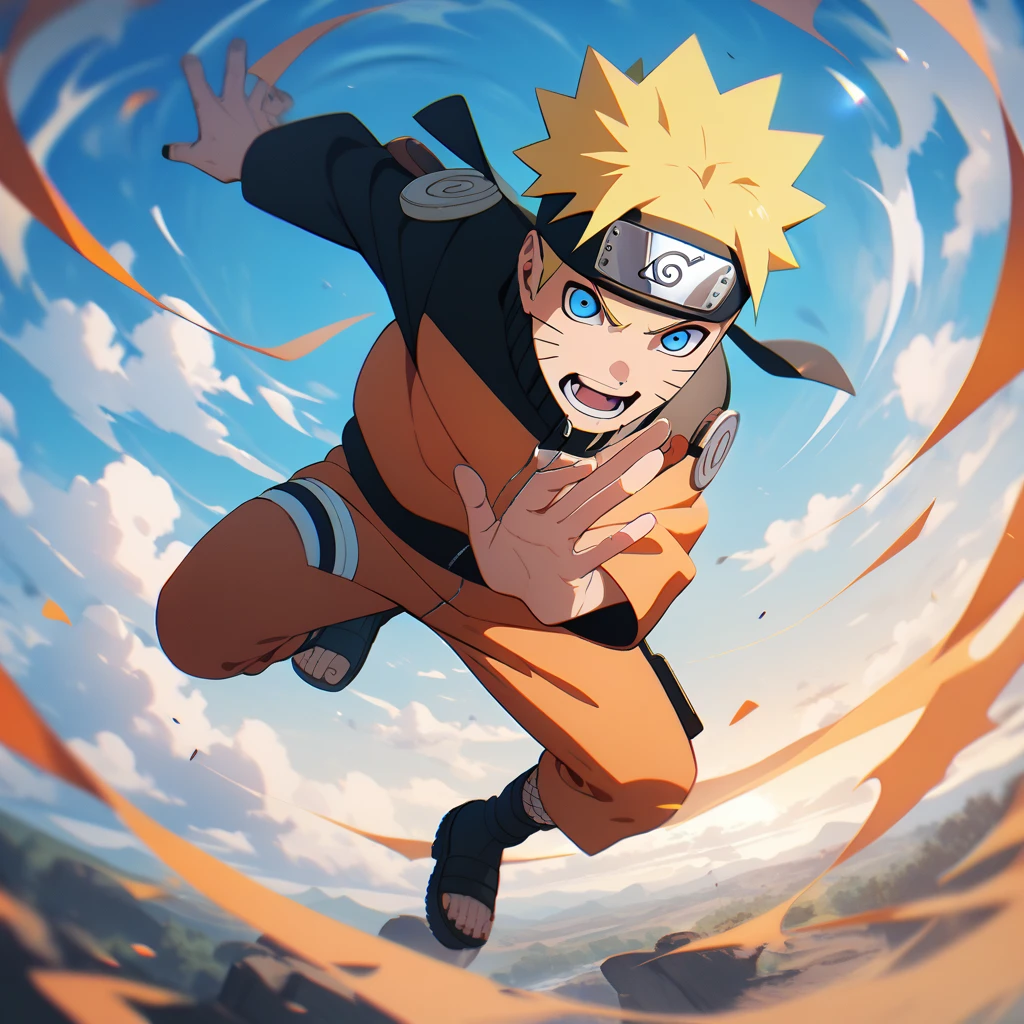 1boy, naruto uzumaki, Naruto Shippuden, looking at viewer, blonde hair, blue eyes, facial mark, forehead protector, full body, jacket, konohagakure symbol, male focus, rasengan , sandals, short hair, solo, short hair, spiked hair, toeless footwear , whisker markings, amazing background, masterpiece, best quality, very aesthetic, newest