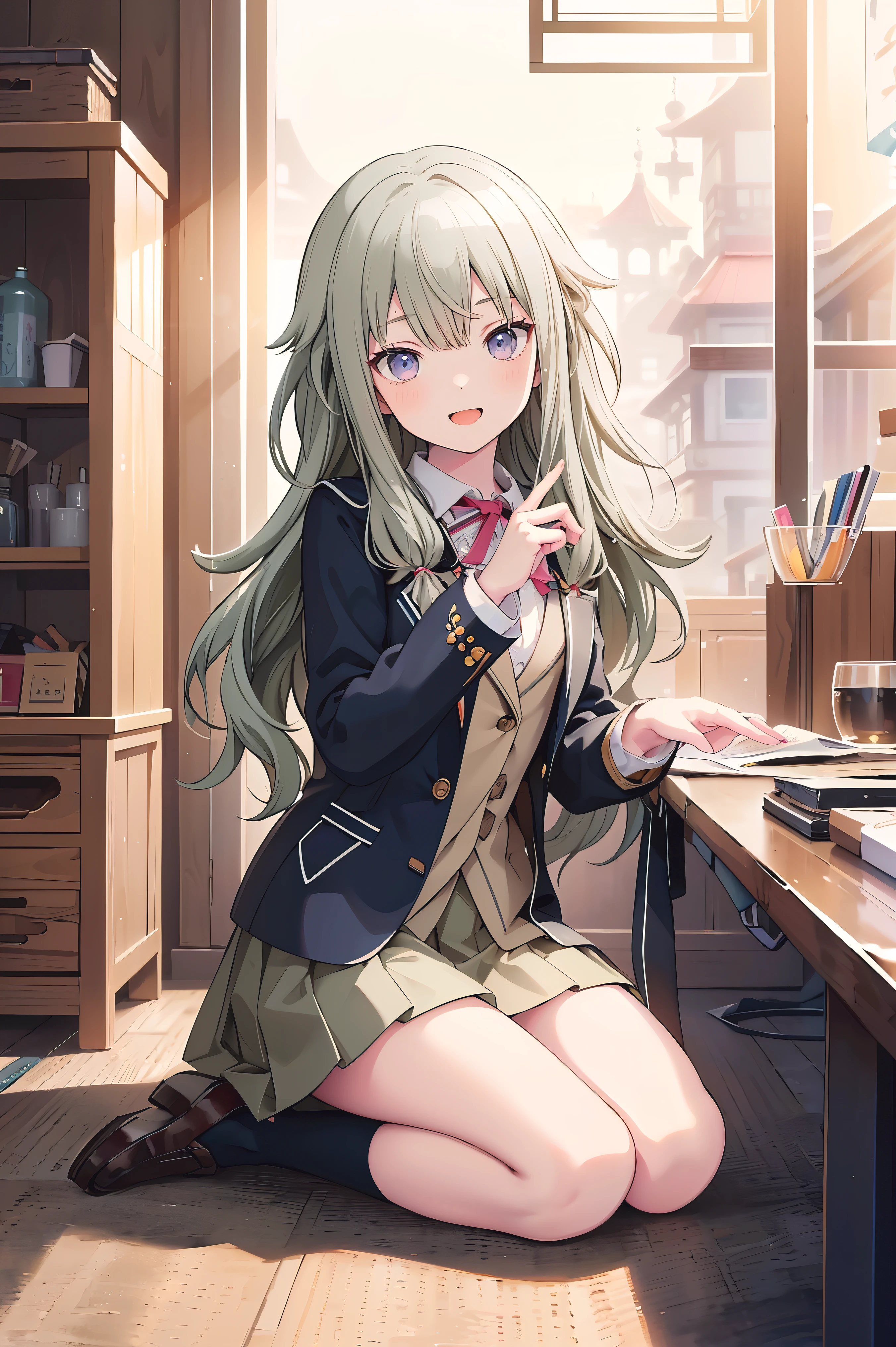 (8k, 最high quality)、Ultra-high resolution、adorable、最high quality, beautiful, Absurd beauty、masterpiece、Best image quality、(Front facing)、good feeling、smile,Face the camera、Delicate eyes、smile、Small face、female、1 person、masterpiece, Most detailed、、blazer、skirt、 high quality、♡、heart、Shiny Hair、Very fine and beautiful bright eyeedium chest、Read books too、nose blush、Very detailed, clear and beautiful face, Awards, (Anatomically correct)、The whole body is visible、Focus on the face、Sitting on the floor、Stretch your legs