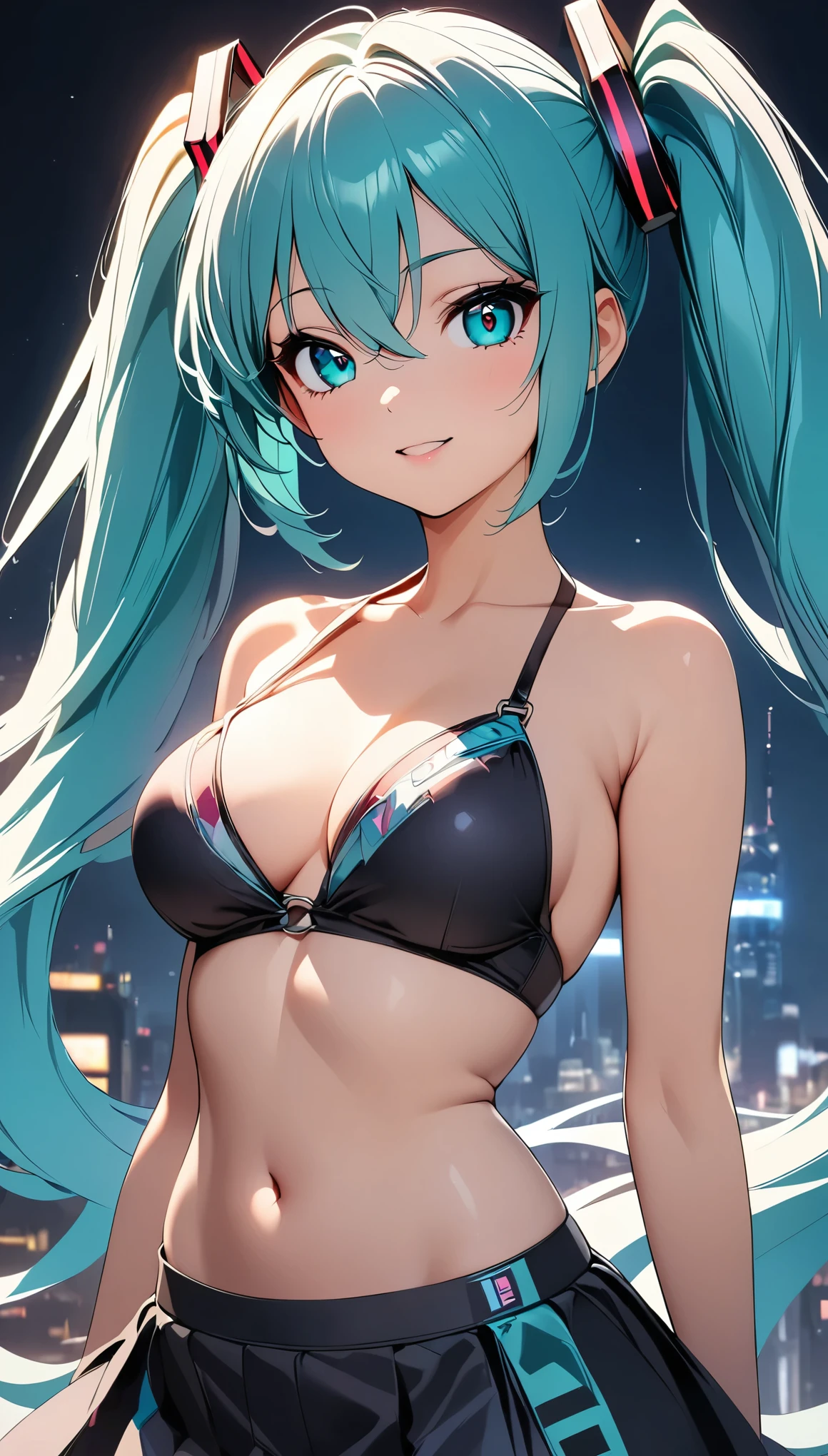 Beautiful girls、One girl、((Hatsune Miku, Aqua Eye, Aqua Hair, bangs, whole body, Hair between the eyes, Long Hair, Twin tails, very Long Hair)), Beautifully detailed eyes、Beautifully detailed lips、Highly detailed eyes and face、Long eyelashes、Colorful Makeup、Bikini Style、Cowboy Shot、Attractive aesthetics、Vibrant colors、high quality、8k、Super detailed、Anime Style:1.2、Beautiful CG illustrations、professional、Cinematic lighting、Vibrant、elegant、chic、Female、Shine肌、Shine、Warm Color Palette