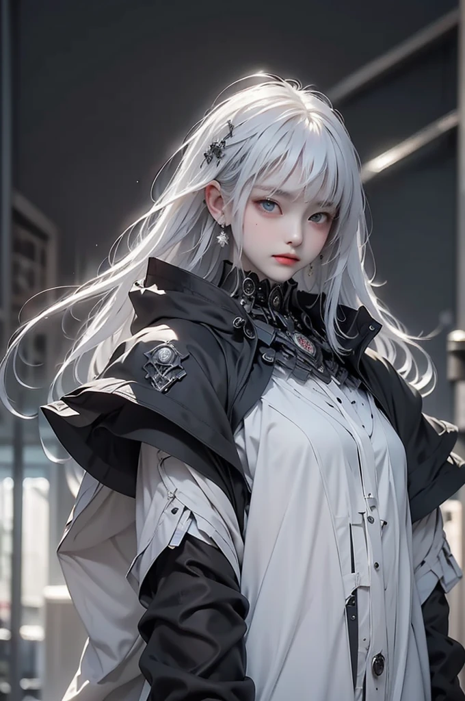 、masterpiece:1.5, bestquality, 1girl, classic girl, classic, white hair, black clothing, Mechanical Accessories, Mechanical decoration、A face with cold beauty、Cold Face、Beautiful shoulders、Solemn atmosphere、small breasts, beautiful eyes, Heavy cloak、Spread your arms、backlighting.
