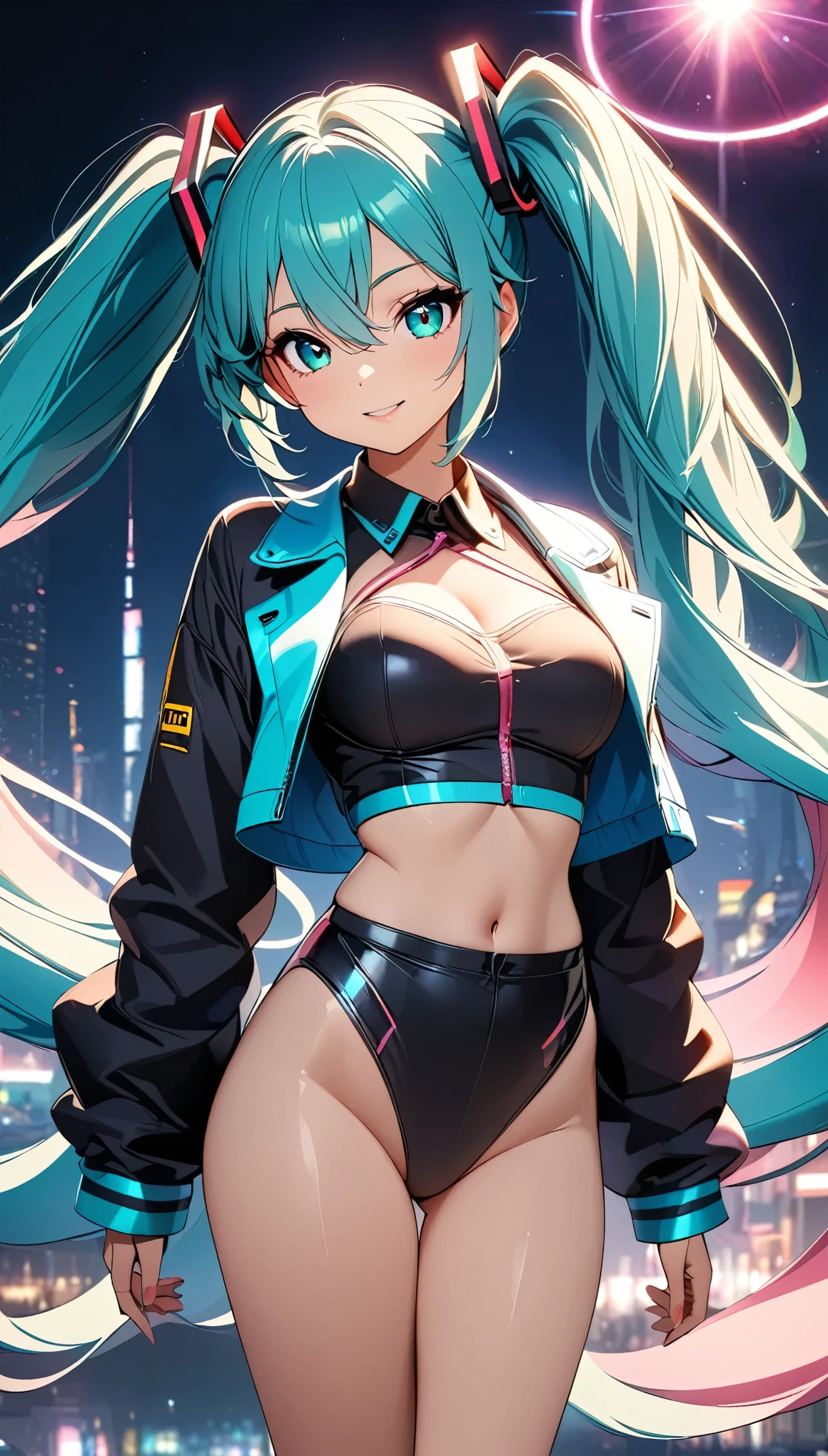 Beautiful girls、One girl、((Hatsune Miku, Aqua Eye, Aqua Hair, bangs, whole body, Hair between the eyes, Long Hair, Twin tails, very Long Hair)), Beautifully detailed eyes、Beautifully detailed lips、Highly detailed eyes and face、Long eyelashes、Colorful Makeup、High leg leotard、Riders jacket_Cropped tops、Cowboy Shot、Attractive aesthetics、Vibrant colors、high quality、8k、Super detailed、Anime Style:1.2、Beautiful CG illustrations、professional、Cinematic lighting、Vibrant、elegant、chic、Female、Shine肌、Shine、Warm color palette