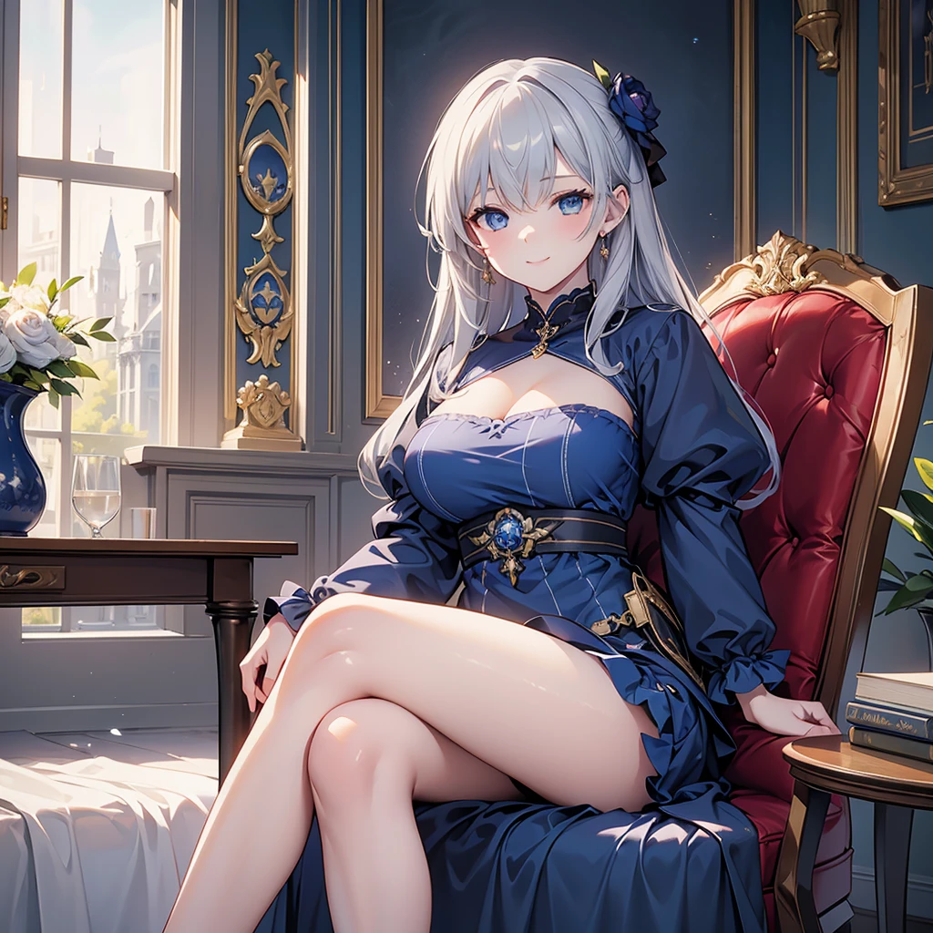 ((Highest quality)), ((masterpiece)) 、One woman, masterpiece, (High resolution), original, extremely detailed 8K , (Photorealistic:1.4),blue eyes ,Symmetrical body type,smile, Medieval European style street、dark blue dress、smile, blondes, Large Breasts, Gray Hair、city、Sitting in a chair、Luxurious Room、Very luxurious chair、sitting in front、Book placed on thigh、Crossing your legs、Very deep slit、Upper breast、