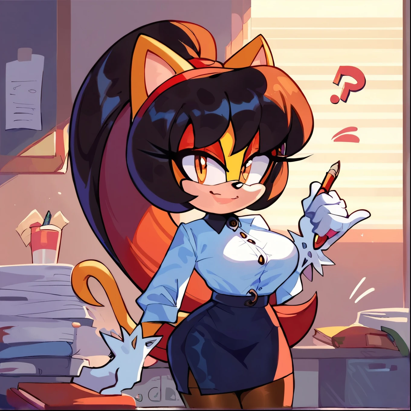 score_9, score_8_up, 2D, flat color, office background, looking at viewer, 1girl, very detailed, extremely detailed, honey the cat from the sonic the hedgehog series, portrait, curious expression, small smile, sound lines, makeup, long ponytail, (businesswoman attire), pencil skirt, ((pantyhose)), large bust, milf
