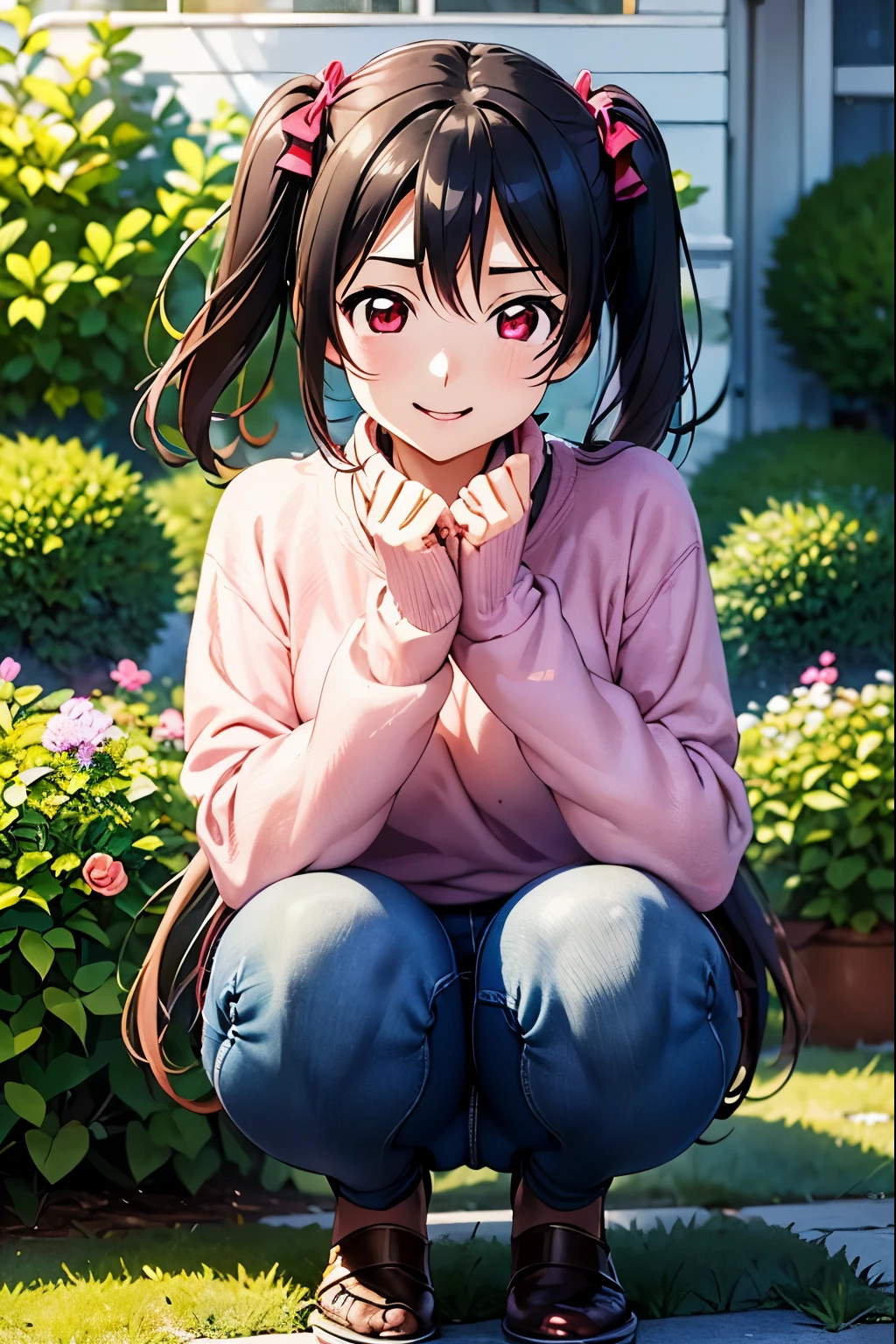 Best Quality、High resolution、masterpiece,(Anime illustration style:1.5),Shooting from the side,Little Devil Nico、nico yazawa、smile、Best Quality,Very detailed,Outdoor,One person,  Standing, Black Hair,sweater, pink sweater, turtleneck, Long sleeve jeans、smile、Beautiful red eyes、Twin tails,(Realistic, Genuine, Genuine的、Realistic), ((Best Quality)、 Shift the center of gravity backwards, Quite embarrassing, (Squat:1.4), Place your heels on the ground, Please spread your legs a little, Squat，Raise your knees, Get down to the ground,