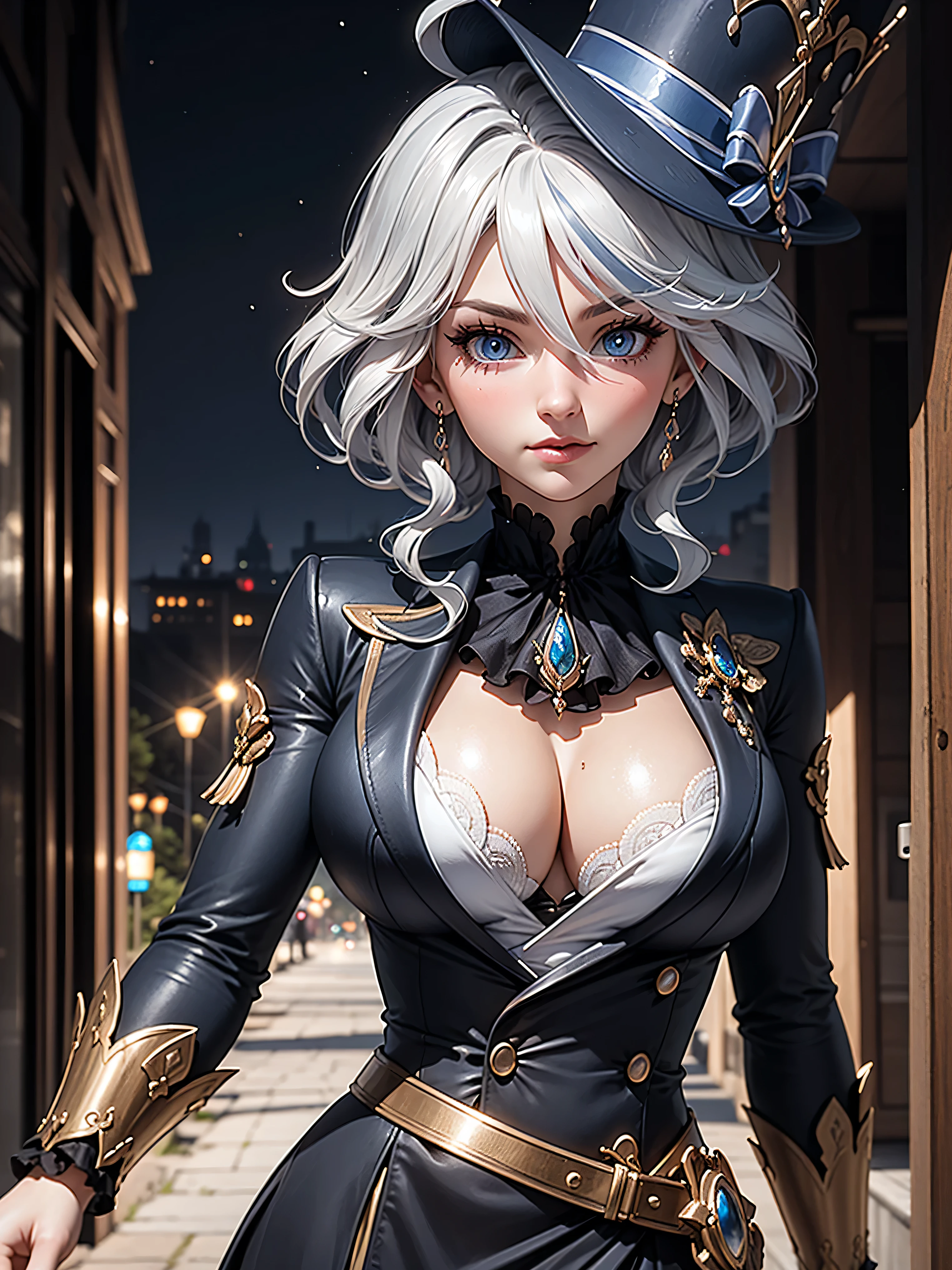 cleavage,Masterpiece, high quality, 8k,detailed body, ultra detailed, detailed face, standing, blush, bright eye, outdoors, (detail face), furinadef, (big breasts),(night), half body,
