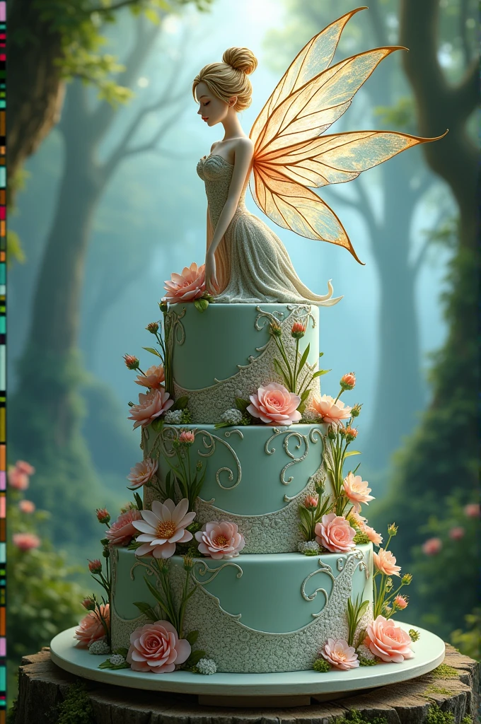A three tiered enchanted forest themed cake with a fairy in-between the second and first tier, holding the first tier up
