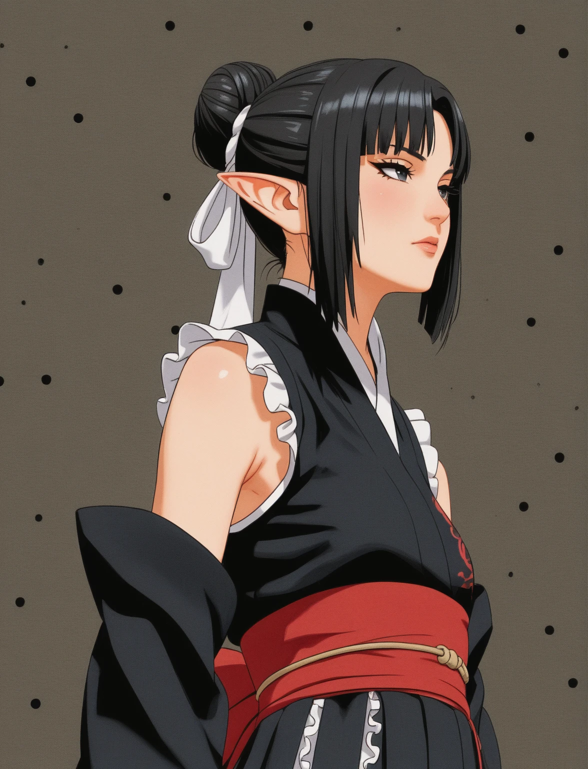 Create a full-body digital illustration of a female character with almond-shaped black eyes, elf ears, and round dots instead of eyebrows. For the hairstyle, she should have black hair styled into a single bun at the back of her head, complemented by asymmetrically chopped bangs that transition into a long lock on one side. Her outfit should match short hakama with detached sleeves and frills under the shorts and the sleeves, in a gothic style, featuring intricate white lace patterns, detailed cutouts, and a white obi with a black seigaiha black pattern. The upper part of the outfit should be a sleeveless kimono blouse. The outfit should include layered skirts and ribbon details to emphasize a similar aesthetic. Add a muted background that complements her striking attire and hairstyle. Artwork in the style of guweiz, digital art inspired by the style of Ilya Kuvshinov. An anime character wearing black hakama with detached sleeves and a bow on her back, elf ears, a beautiful young woman with long black hair tied up in a single bun, wearing a white headband with ribbons on both sides of her head, a lock of hair falling in front of the right side of her face. Full body, full shot, head to toe.