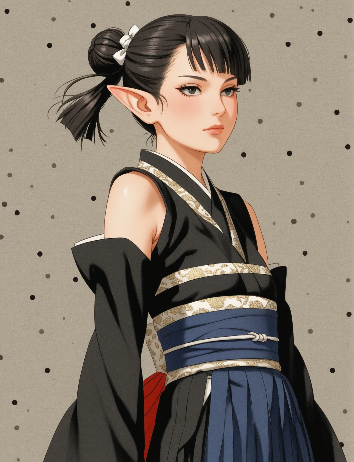 Create a full-body digital illustration of a female character with almond-shaped black eyes, elf ears, and round dots instead of eyebrows. For the hairstyle, she should have black hair styled into a single bun at the back of her head, complemented by asymmetrically chopped bangs that transition into a long lock on one side. Her outfit should match short hakama with detached sleeves and frills under the shorts and the sleeves, in a gothic style, featuring intricate white lace patterns, detailed cutouts, and a white obi with a black seigaiha black pattern. The upper part of the outfit should be a sleeveless kimono blouse. The outfit should include layered skirts and ribbon details to emphasize a similar aesthetic. Add a muted background that complements her striking attire and hairstyle. Artwork in the style of guweiz, digital art inspired by the style of Ilya Kuvshinov. An anime character wearing black hakama with detached sleeves and a bow on her back, elf ears, a beautiful young woman with long black hair tied up in a single bun, wearing a white headband with ribbons on both sides of her head, a lock of hair falling in front of the right side of her face. Full body, full shot, head to toe.