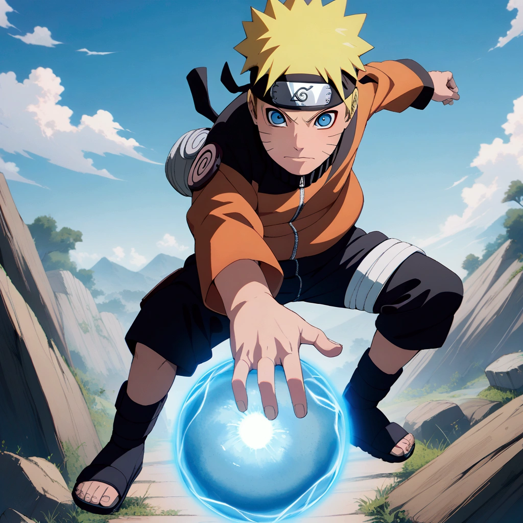 1boy, naruto uzumaki, Naruto Shippuden, looking at viewer, blonde hair, blue eyes, facial mark, forehead protector, full body, jacket, konohagakure symbol, male focus, ((rasengan)) , sandals, short hair, solo, short hair, spiked hair, toeless footwear , whisker markings, amazing background, masterpiece, best quality, very aesthetic, newest