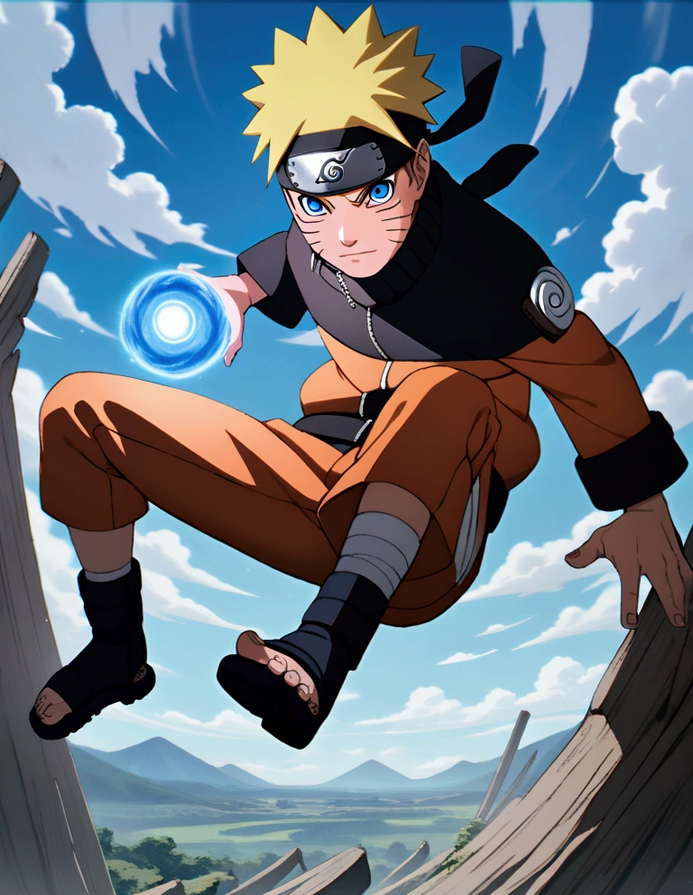 1boy, naruto uzumaki, Naruto Shippuden, blonde hair, blue eyes, facial mark, forehead protector, full body, jacket, konohagakure symbol,  looking at viewer, male focus, ((rasengan)) , sandals, short hair, solo, short hair, spiked hair, toeless footwear , whisker markings, amazing background, masterpiece, best quality, very aesthetic, newest