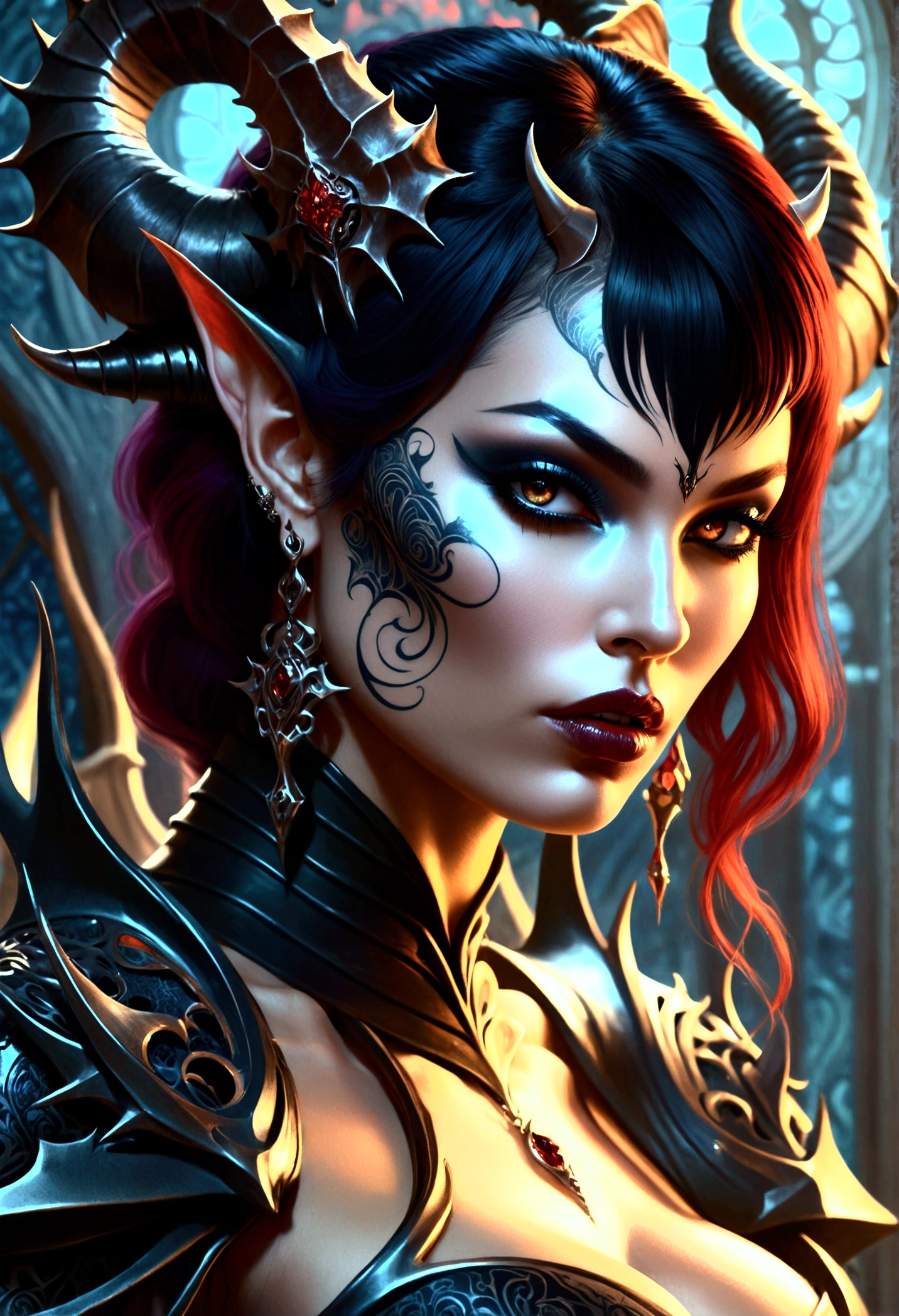 (masterpiece, top quality, best quality, official art, beautiful and aesthetic:1.2), (1 beautiful sexy ((Succubus demon)) wearing detailed body jewelry), nake, nude, (dynamic pose), busty, cowboy shot, extremely detailed, (fractal art:1.3), colorful, highest detail, ((nsfw, naked)) ((cinematic lighting))