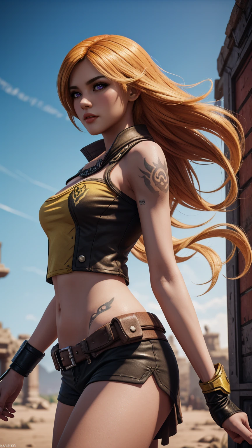 1girl, 1girl, combining elements of Yang Xiao Long from "RWBY" and Lilith from "Borderlands", beautiful detailed eyes, beautiful detailed lips, extremely detailed face and portrait, long eyelashes, flowing golden hair, lilac/violet eyes, crop top, short shorts, wearing flat heeled boots, tattoos, glowing blue markings, posing confidently, fantasy landscape, ancient ruins, sunlight, volumetric lighting, cinematic, award winning digital art, intricate details, highly detailed, hyper realistic, 8k, masterpiece, (wide angle), (full length portrait), lilithbl2, bhands, bare shoulders, 