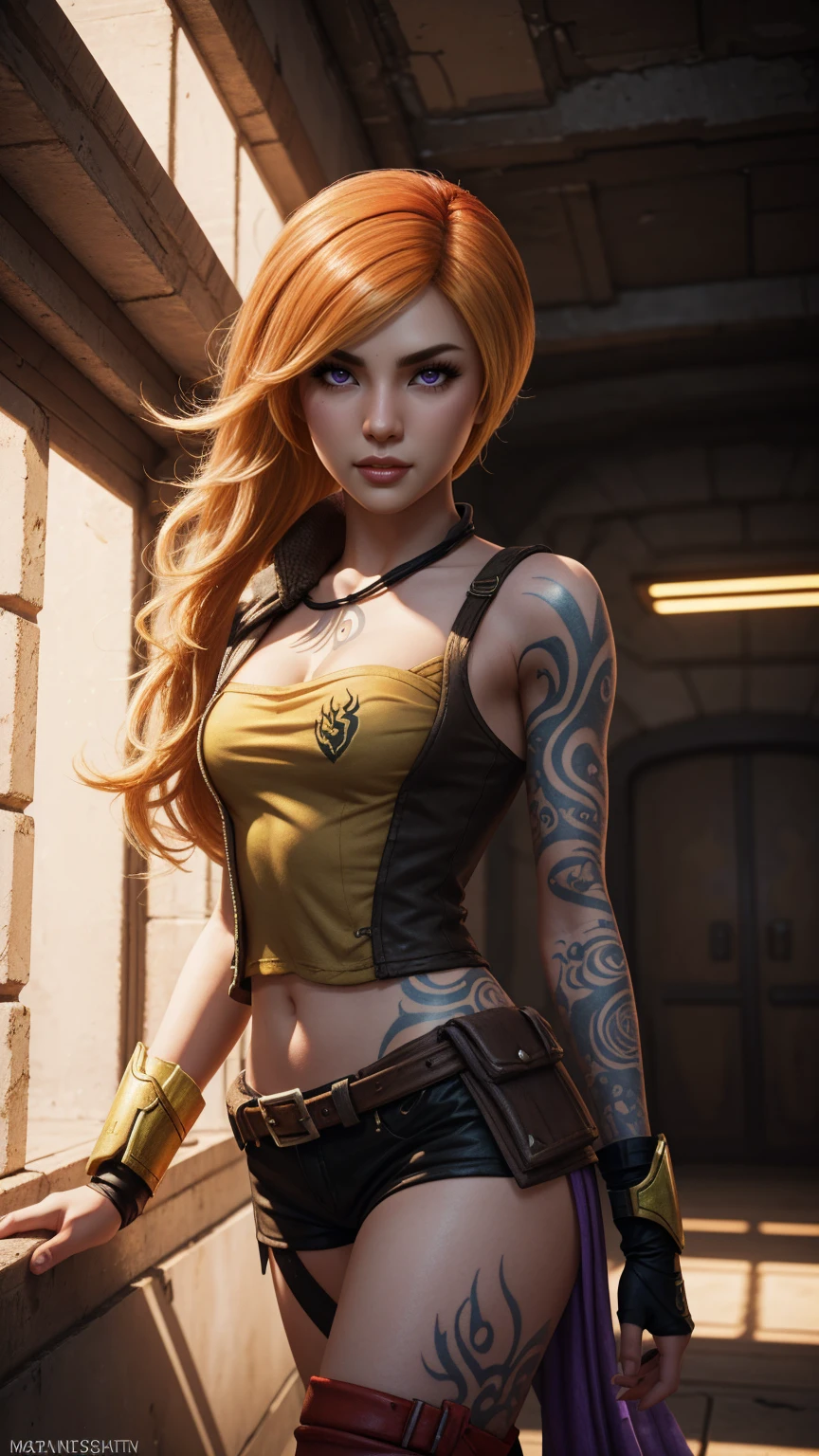 1girl, 1girl, combining elements of Yang Xiao Long from "RWBY" and Lilith from "Borderlands", beautiful detailed eyes, beautiful detailed lips, extremely detailed face and portrait, long eyelashes, flowing golden hair, lilac/violet eyes, crop top, short shorts, wearing flat heeled boots, tattoos, glowing blue markings, posing confidently, fantasy landscape, ancient ruins, sunlight, volumetric lighting, cinematic, award winning digital art, intricate details, highly detailed, hyper realistic, 8k, masterpiece, (wide angle), (full length portrait), lilithbl2, bhands, bare shoulders, 