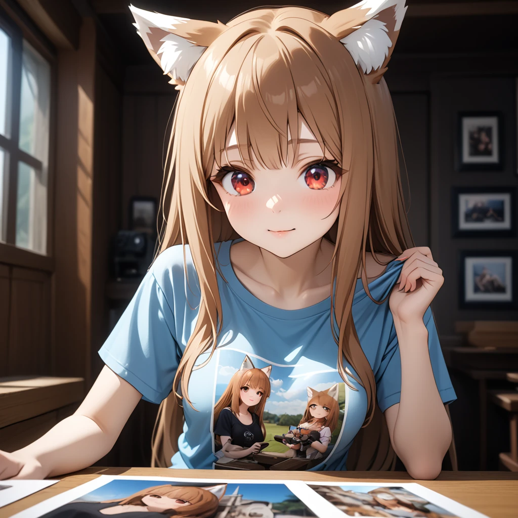 Red eyes，Holo，Fox ears,Blouse T-shirt Blue, Photography,Sexy, Adorable.