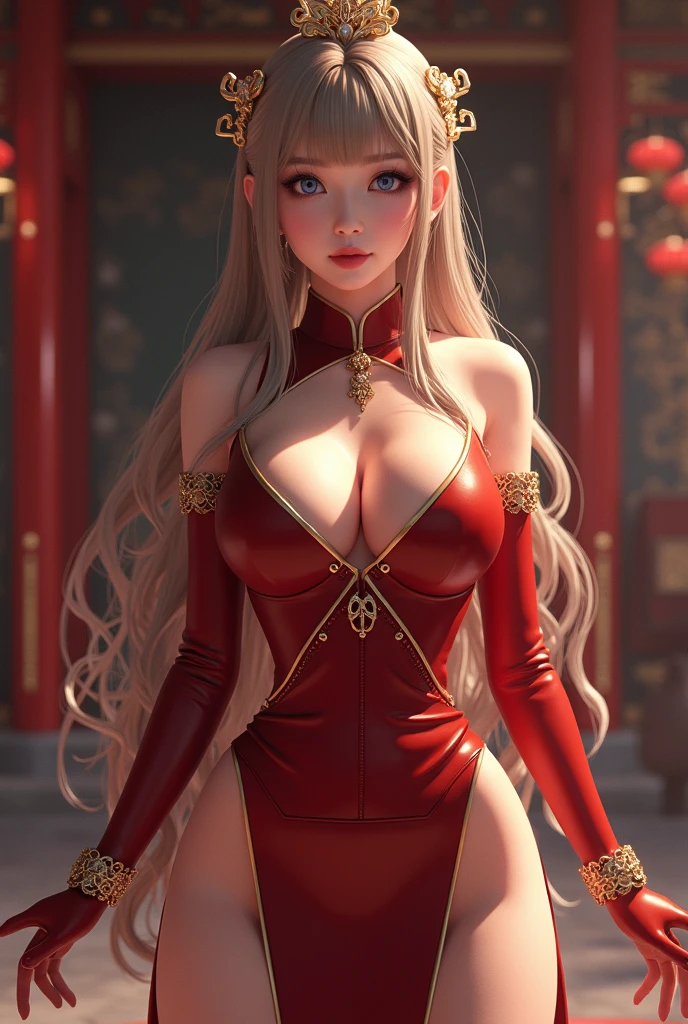 Woman with straight long hair and red lipstick, ekaterina,  professional photograpy, 16 year woman,a blond、Medieval red color dress、Red extensions