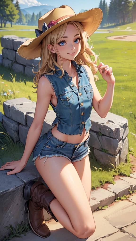 ((best quality)), ((highly detailed)), masterpiece, (detailed eyes, deep eyes), (1girl), dynamic angle, cowboy shot, mlpapplejack, woman, smile, looking at viewer, ((blonde hair)), low-tied pony tail, ((green eyes)), denim shorts, red checkered flannel shirt tied above navel, hiking boots, gleeful smile (outdoor, forest), flashing breasts, ((exposed breasts, nipples)), graceful pose, realistic proportions, woman, cupping breasts, puckered lips, open shirt, rolled sleeves, belt buckle, lace bra, stepping out of a tent, sexy pose, kneeling in a tent, nipples
