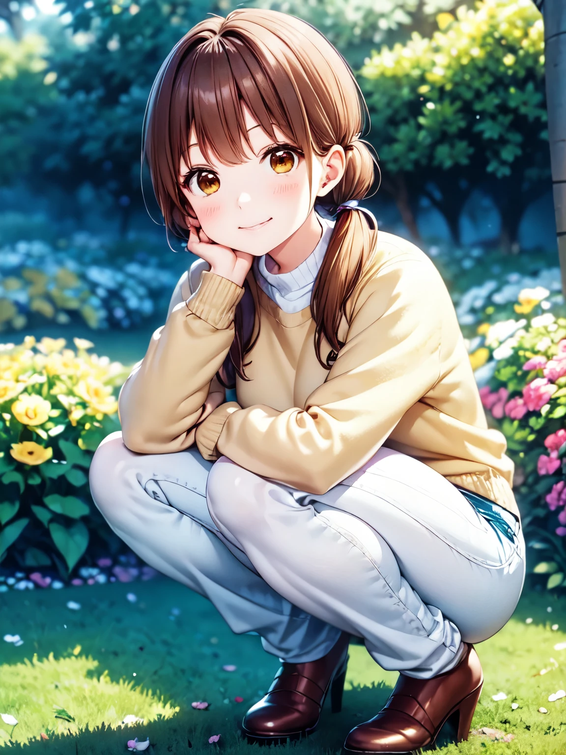 Tabletop, Best Quality, And soul、And soulイラスト風, Laughter、Cream colored sweater、garden、Closed Mouth、Long sleeve jeans、Uniform、One Girl, Alone, Absolute reference to the center、Standing on the grass、 Collected_Yamato, Brown Hair, Brown eyes, pants、Medium Hair、Slightly low twin tails, Shift the center of gravity backwards, Quite embarrassing, (Squat:1.4), Place your heels on the ground, Please spread your legs a little, Squat，Raise your knees, Get down to the ground,