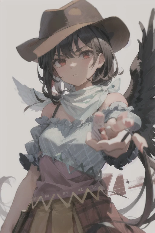 masterpiece, best quality ,
 1girl, cowboy hat, kurokoma saki, solo, gun, wings, weapon, black hair, red eyes, black wings, hat, breasts, bandana, off-shoulder shirt, off shoulder, shirt, white background, looking at viewer, brown headwear,  blue shirt, bangs, upper body, feathered wings, holding gun, aiming at viewer, handgun, simple background, bare shoulders, holding, holding weapon, revolver, short sleeves, plaid, medium breasts, puffy sleeves