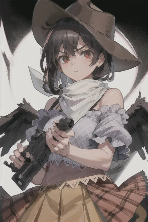 masterpiece, best quality ,
 1girl, cowboy hat, kurokoma saki, solo, gun, wings, weapon, black hair, red eyes, black wings, hat, breasts, bandana, off-shoulder shirt, off shoulder, shirt, white background, looking at viewer, brown headwear,  blue shirt, bangs, upper body, feathered wings, holding gun, aiming at viewer, handgun, simple background, bare shoulders, holding, holding weapon, revolver, short sleeves, plaid, medium breasts, puffy sleeves