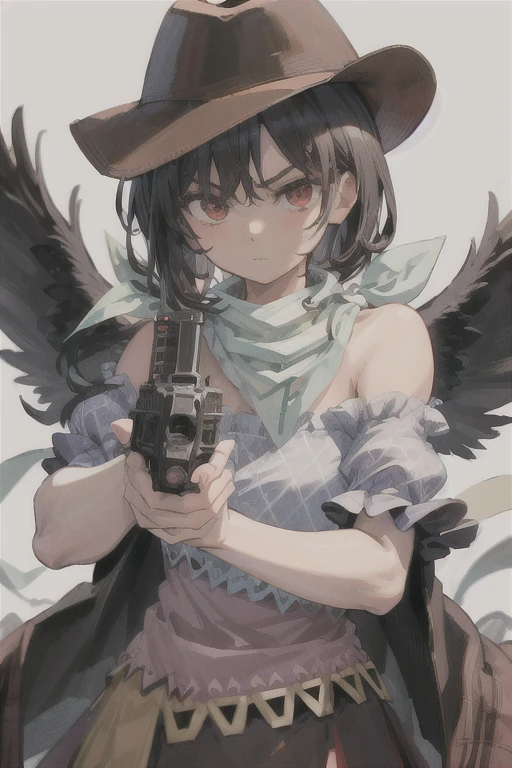 masterpiece, best quality ,
 1girl, cowboy hat, kurokoma saki, solo, gun, wings, weapon, black hair, red eyes, black wings, hat, breasts, bandana, off-shoulder shirt, off shoulder, shirt, white background, looking at viewer, brown headwear,  blue shirt, bangs, upper body, feathered wings, holding gun, aiming at viewer, handgun, simple background, bare shoulders, holding, holding weapon, revolver, short sleeves, plaid, medium breasts, puffy sleeves