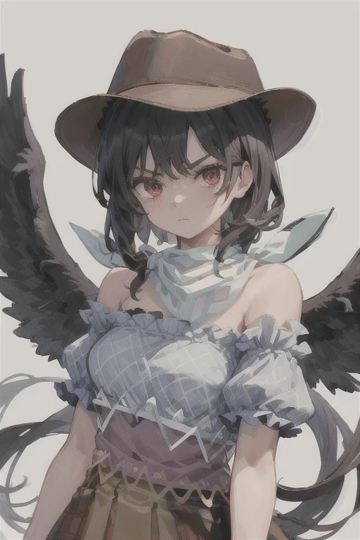 masterpiece, best quality ,
 1girl, cowboy hat, kurokoma saki, solo, gun, wings, weapon, black hair, red eyes, black wings, hat, breasts, bandana, off-shoulder shirt, off shoulder, shirt, white background, looking at viewer, brown headwear,  blue shirt, bangs, upper body, feathered wings, holding gun, aiming at viewer, handgun, simple background, bare shoulders, holding, holding weapon, revolver, short sleeves, plaid, medium breasts, puffy sleeves