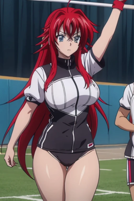 Rias Gremory from the anime series High School DXD Hero with a bulky body wearing an Olympic Games athlete outfit, Micro buruma very tight to her very large buttocks and uncovered breasts 

