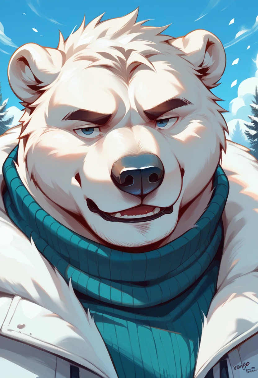 fat polar bear, (((polar bear))), ursine, furry, (((focus on the face))), creamy fur, male, long snout, fat neck, wearing a turtleneck sweater