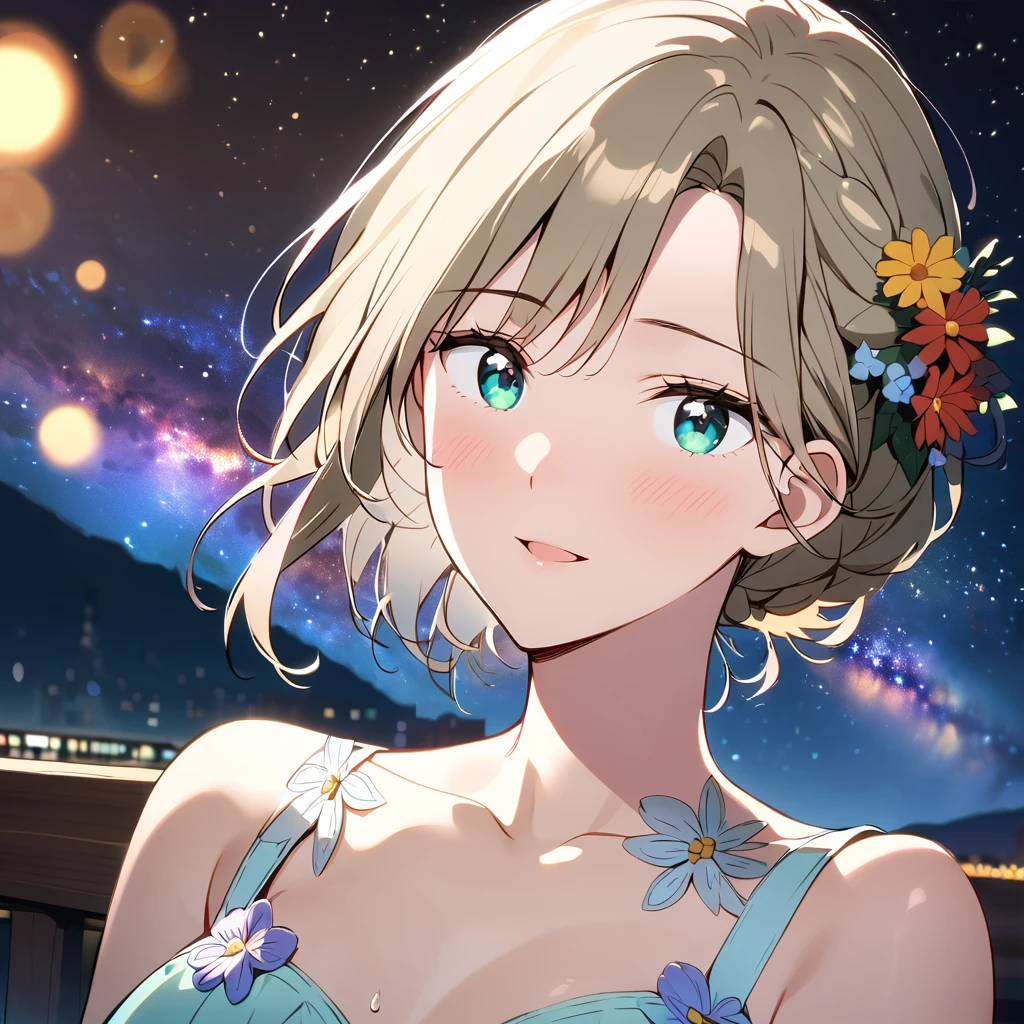 1 girl. Old-fashioned smile. flowerびら.  __flower__. four seasons. Bokeh. close.
Nice body,  beautiful skin. oily skin. Very delicate and beautiful. Very detailed. Clear Eyes. 
光がShine. Mysterious atmosphere. Subsidy Light.
milky way. January . starry sky. evening . city. __Scenario Fantasy__.
__haircolor__ hair, __hairstyle__,  __Eye color__ Eye color. __skin-color__ skin.  Rentife Flare, Shine, embroidery, accessories, jewelry, reflection, refraction, __dress__, Night Sky, starry sky, star.
 