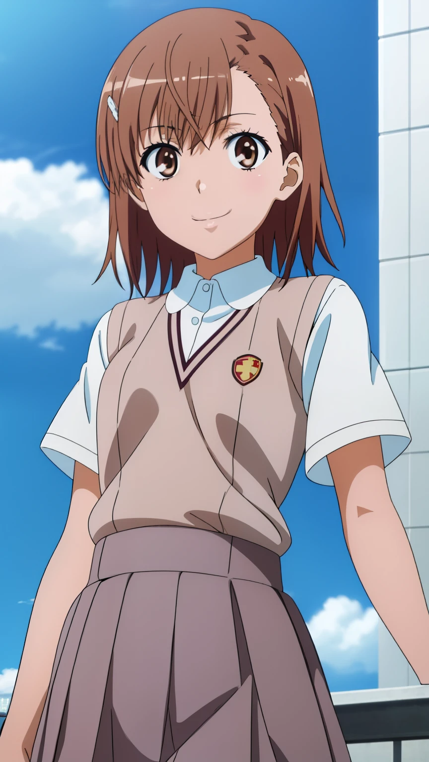 (masterpiece, best quality, high resolution, 8k:1.2), (anime coloring:1.2), highly detailed, beautiful eyes, perfect eyes, fine eyes, brown eyes, featuring big highlights, detailed face, highly detailed, fine eyes, symmetrical eyes, one girl, alone, Misaka Mikoto, brown hair, short hair, hairpin, (small chest), (tokiwadai school uniform, city, blue sky, smile), looking at the viewer, in the center of the image, (beautiful_chest:1.1), (beautiful_face:1.2), (beautiful_waist:1.2), (cowboy shot), dutch angle,