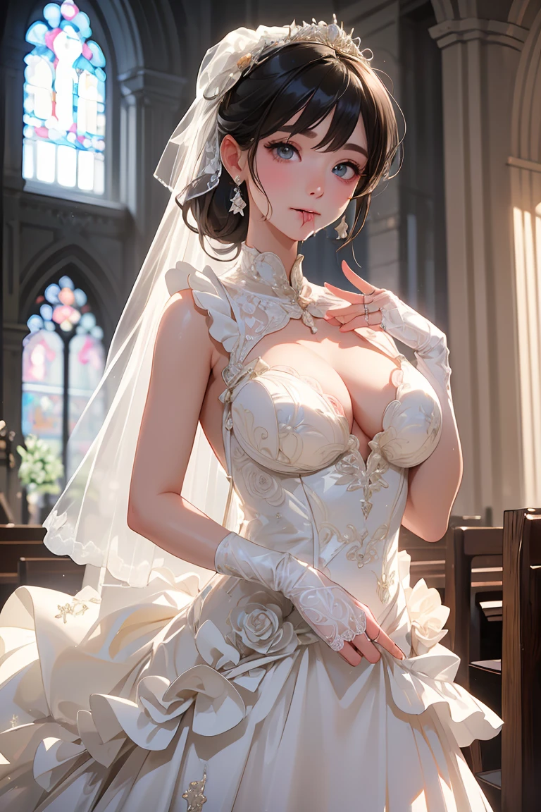 [Highly detailed skin、Highly detailed face、非常にDetailed eyes]、(masterpiece)、(最high quality)、One Girl、Cleavage、Shiny skin、Muscular、(White latex elbow gloves)、Sunburned skin、NSFW、Panoramic viewing angle、Realistic Cat、Realistic breasts、masterpiece、High resolutionです、Photo woman、Detailed digital illustration、Wavy long hair、Folded ponytail、Detailed eyes、Shiny Blonde、((Ruffled Wedding Dress:1.6))、Very beautiful woman、Black eyeshadow、The eyes are double、Normal chest、Bust A cup、High resolution、high quality、Detailed Background、((A very crowded chapel:1.4))、((Two arms、Four fingers、One thumb))、((Two Legs、Four fingers、One thumb))、Very beautiful woman、masterpiece、(A kind smile:1.3)、(((Sucking daddy&#39;s dick:1.6))),(((Creampie:1.6))),(((Orgy:1.6))),(((She sucks dick deep:1.6))),(((Cum in mouth:1.6))),