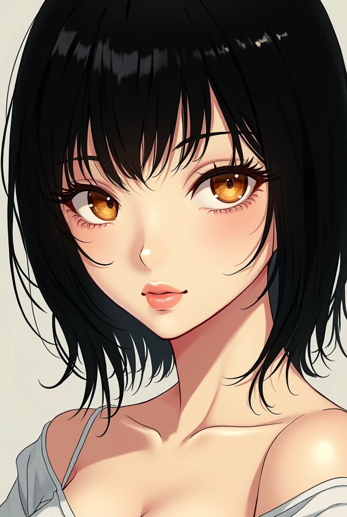 Make me an eye catching anime character design with a muted color pallet, tan skin, dark hair and bright eyes