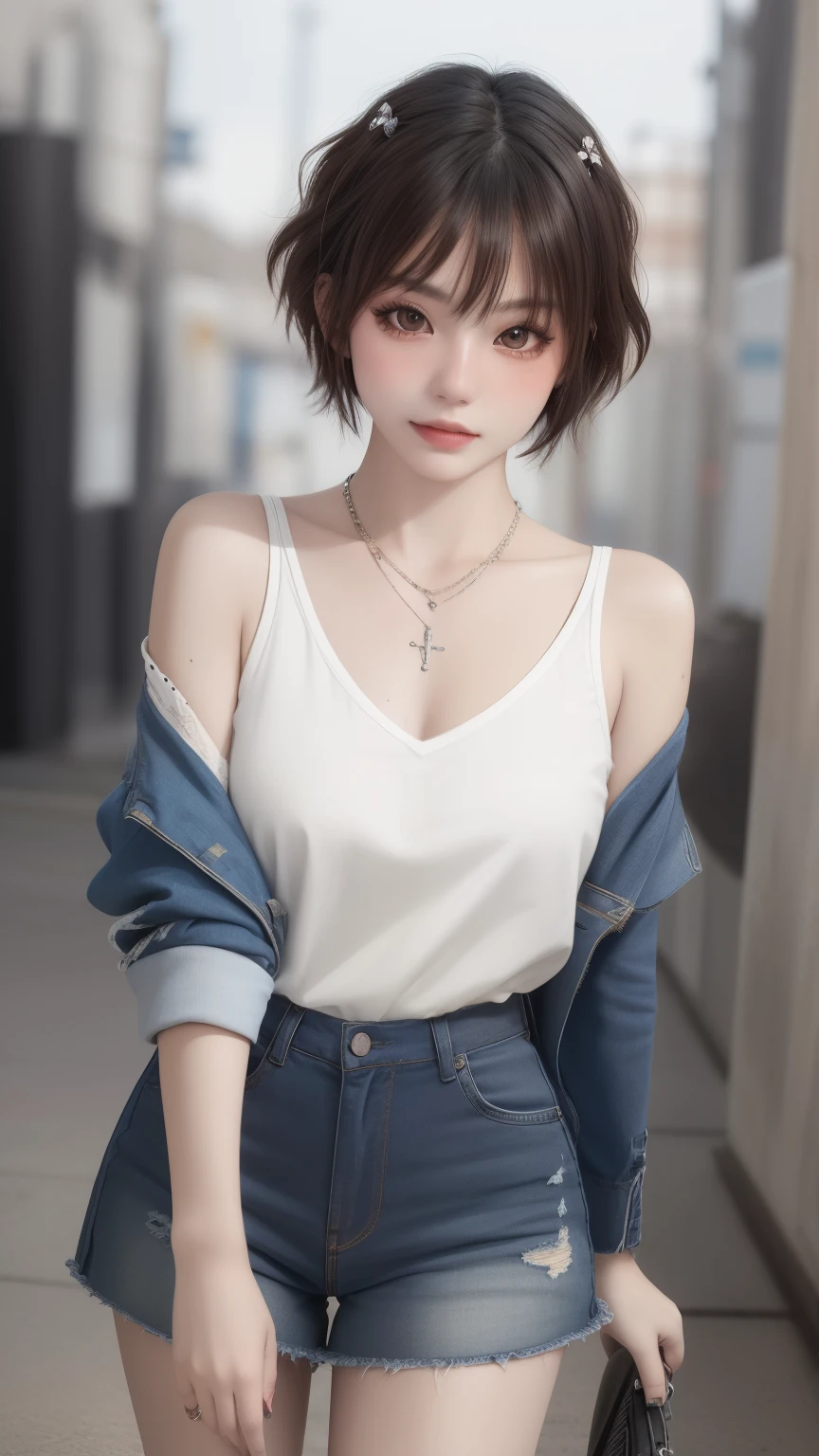 ((medium breast, tomboy girls, small head)), daylight, sunlight, (chiseled abs : 1.1), (perfect body : 1.1), (short wavy hair : 1.2) , auburn hair, collar, chain, full body shot, crowded street, wearing tanktop, jeans jacket, ((shorts)),detailed skin,