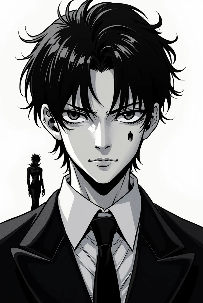 black and white line art   painting ,  floral print, 1man, solo, black hair, brown eyes, wearing a purple suit, white shirt, yellow tie, white background, hand on knot of necktie.  , dark ambiance , skeletal body parts, weathered canvas and brushstroke  ,   , in the style of  takato yamamoto   