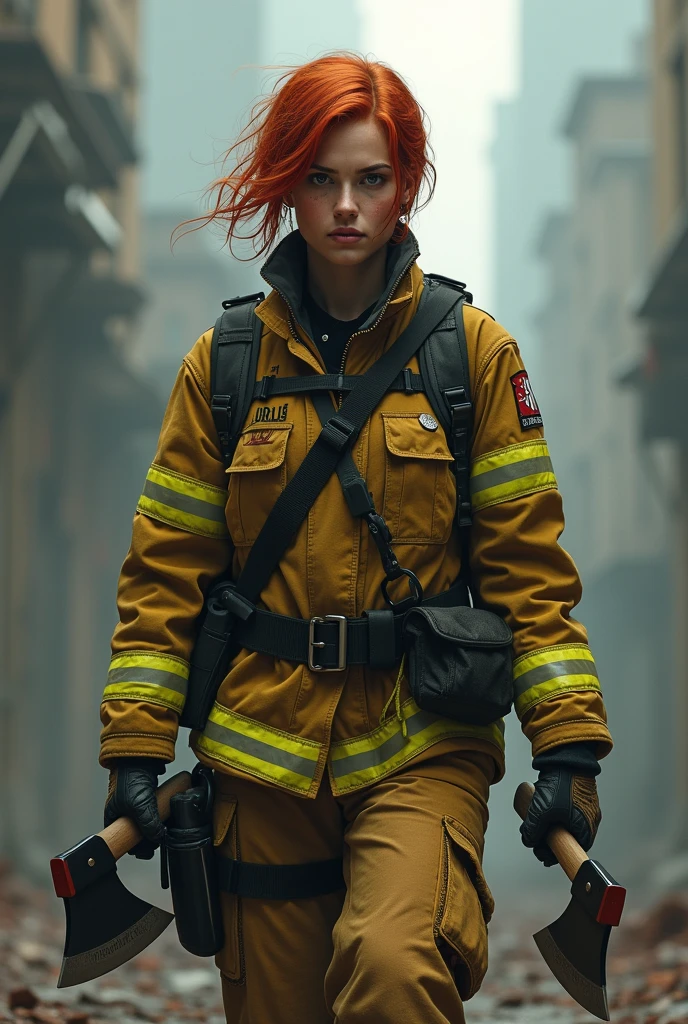 masterpiece, best quality, (photorealistic:1.4), 1girl, full body shot, photo of a beautiful woman, (fireman uniform:1.6), (skinny, athletic:1.1), (spiked hair, pink hair:1.1), detailed face, smiling, red lipstick, big lips, (medium breasts, perfect breast:1.1), cinematic light, fire-station, firetruck in the background, <lora:add_detail:0.8>, from behind, yoga pants, <lora:yogapantsv01:1>, (masterpiece, best quality:1.5)