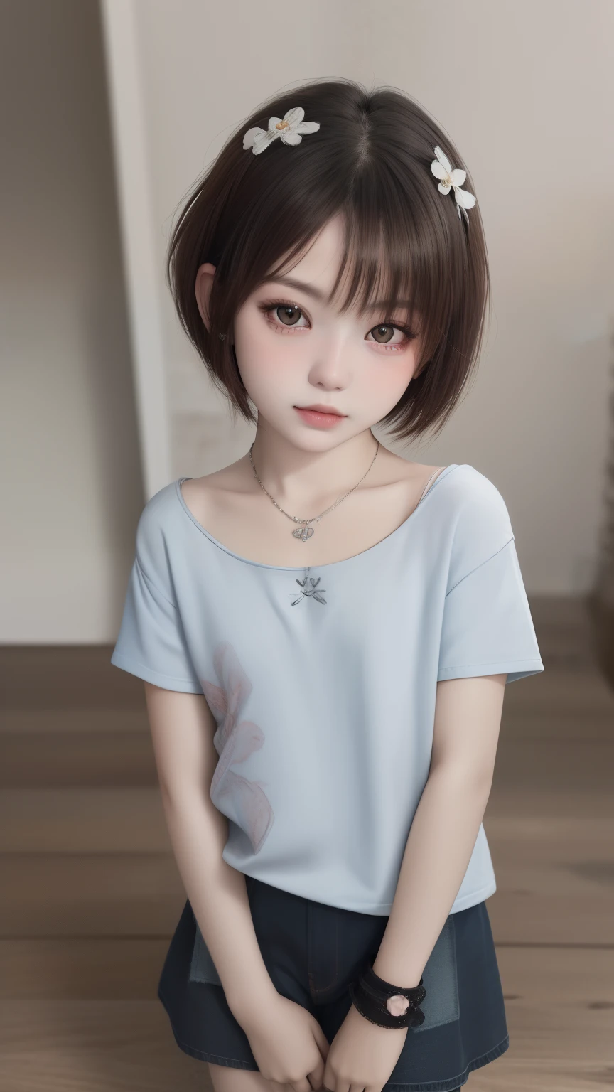 (highest quality, soft light, ultra high resolution, 8K), (realistic:1.4), Raw photo, pretty girl, alone, (, short:1.5),(High resolution details of human skin texture), (jirai kei, gyaru), short hair,necklace, looking at the viewer, in the center of the image, cowboy shot, dutch angle,