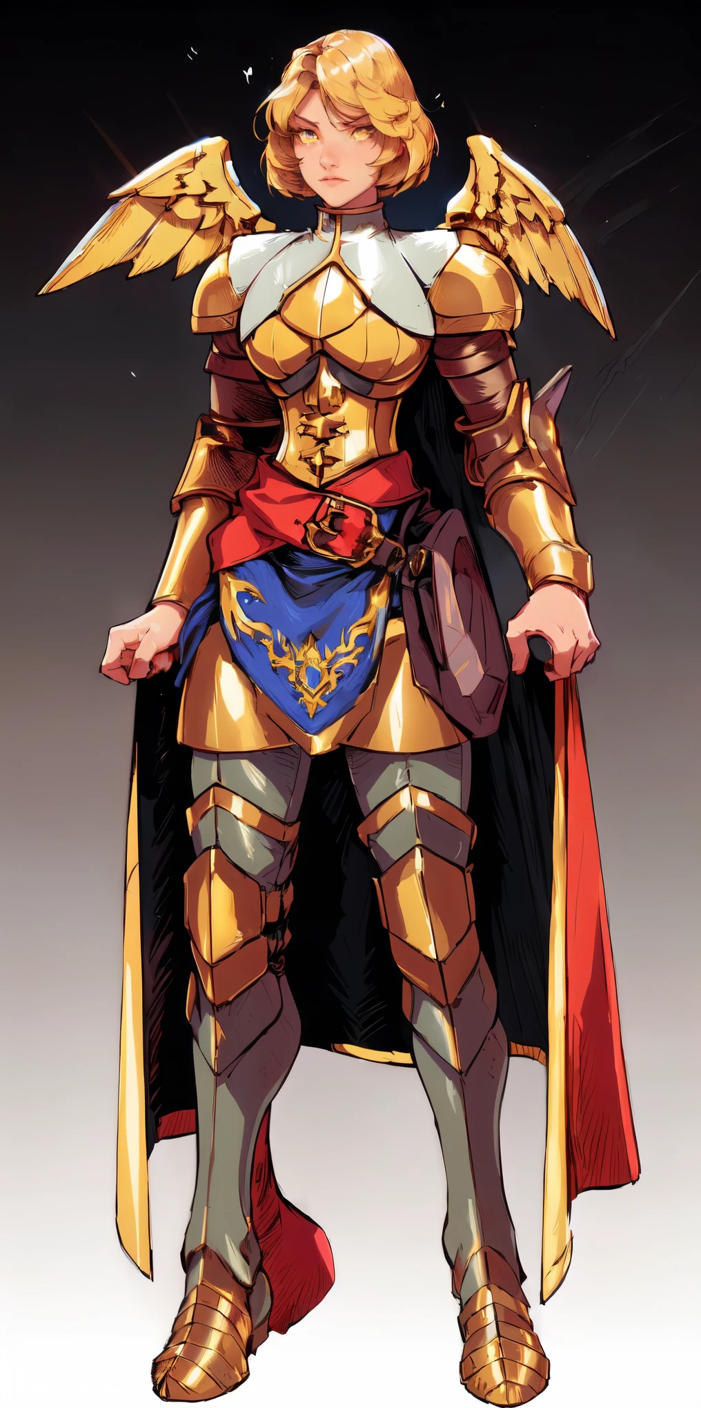 (Black background) paladin lady in ornate golden armor, black collar, pauldrons, breastplate, leather corset, glowing halo, short bob hair style, yellow glowing eyes, bright pupils, eye focus, red cape (full body, whole body, 1solo girl) fighter, loincloth standing, hands on hips, metal sandals, leather choker, big belt, view from below, feet together, bracers, tiara, feathers angel wings