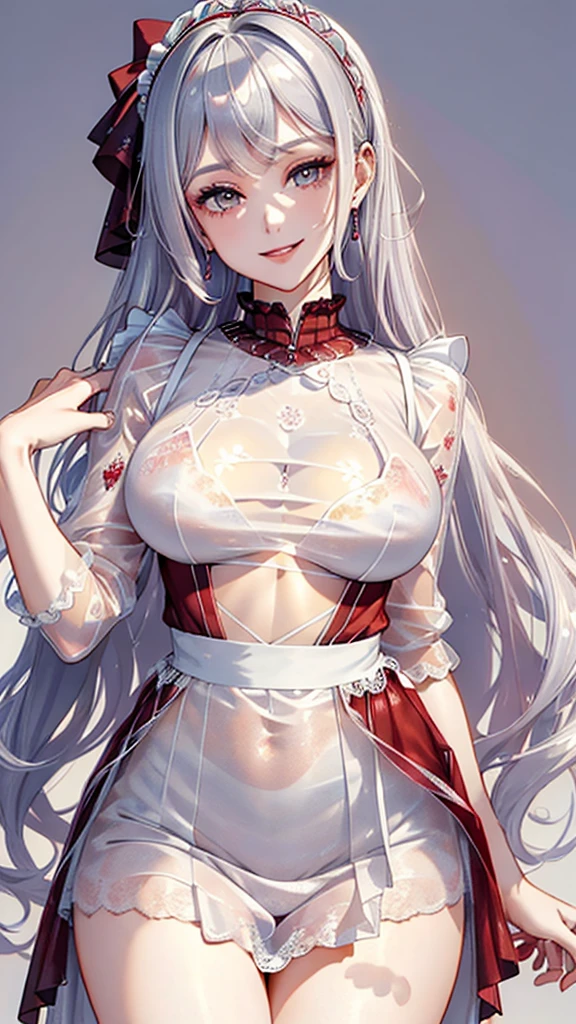 (((masterpiece, super high resolution, ultra HD, 8K quality))), (((((woman in Pale red see-through Maid dress))))), (((((shining long silver hair, Long bangs)))))) ((((beautiful shining grey eyes))))), (((eye highlights))), pink lips, sexy expression, ((highly detailed)), (perfect face), ((((very large breasts))))), (((charming smile))), photorealistic image, earrings, beautiful figure above the knees, standing, (((front view))), rainbow colored background