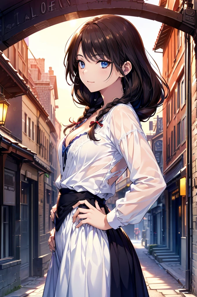 (Best Quality,4K,8k,High resolution,masterpiece:1.2)、Pure white background、Transparent Background、Medieval European streets、Highly detailed eyes and face、 Beautiful attention to detail、 Light on the face (((One girl)))、、Slim body、Small breasts、Anatomically correct、Correct limbs、Brown Hair、Braids、Standing upright、hand on hip、cowboy shot、looking at viewer、front view、Cleavage、smile、Peasant clothing in medieval Europe、The color of the clothes is brown、Long Skirt、Torn clothing、	A tense expression