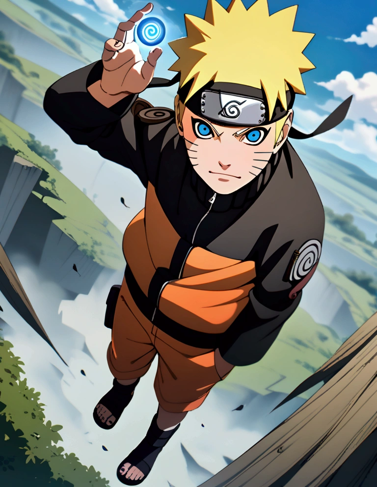 1boy, Naruto Uzumaki, Naruto Shippuden, looking at viewer, blonde hair, blue eyes, facial mark, forehead protector, full body, jacket, konohagakure symbol, male focus, ((rasengan)) , sandals, short hair, solo, short hair, spiked hair, toeless footwear, whisker markings, amazing background, masterpiece, best quality, very aesthetic, newest, naruto uzumaki