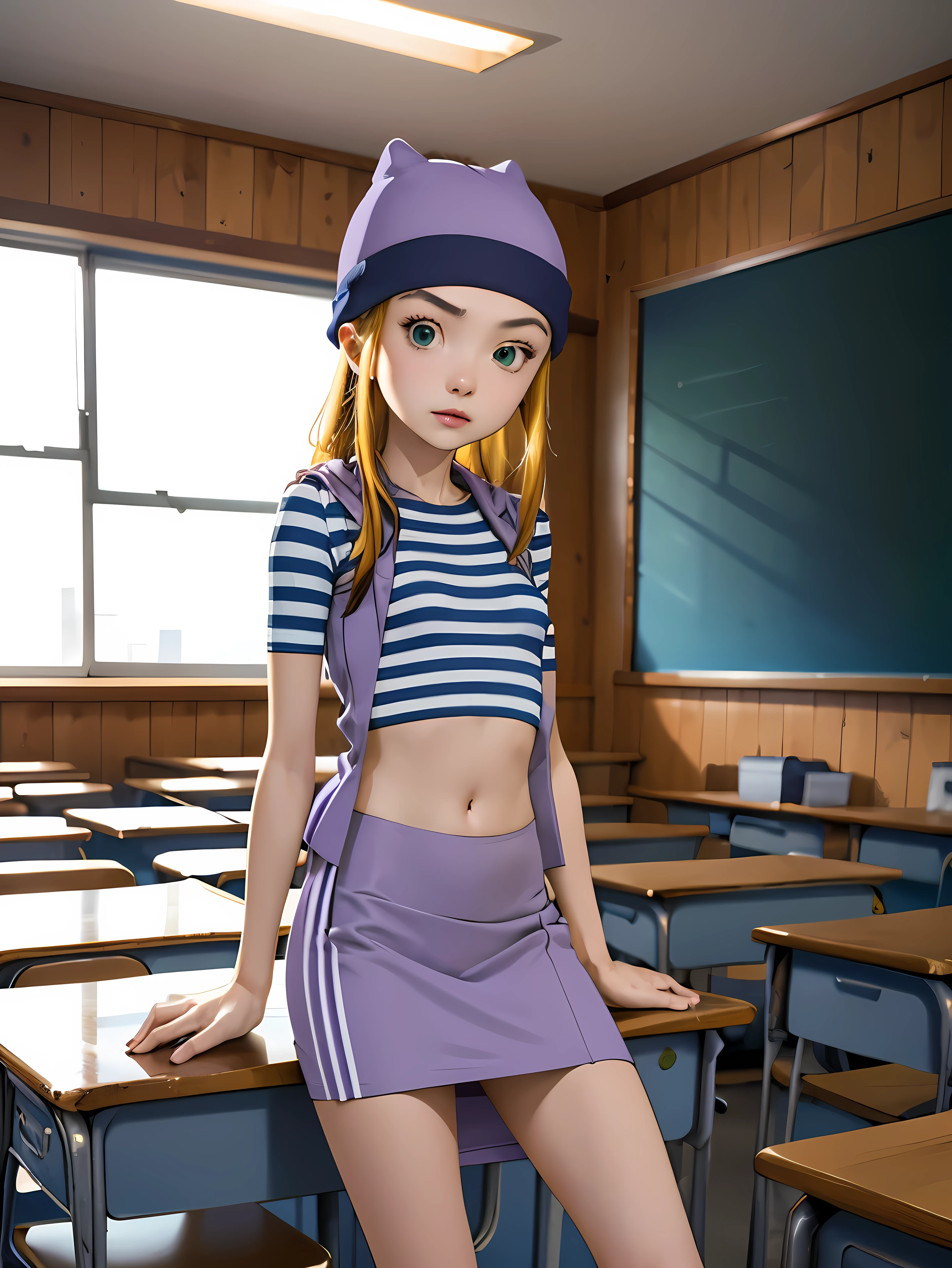 (masterpiece, best quality), 1girl, izumi Orimoto, indoors, classroom, green eyes, blonde hair, long hair, purple beanie, purple vest, purple miniskirt, blue white striped shirt, long purple socks, purple vest, striped shirt, navel shirt, small  size breast. skirt lift