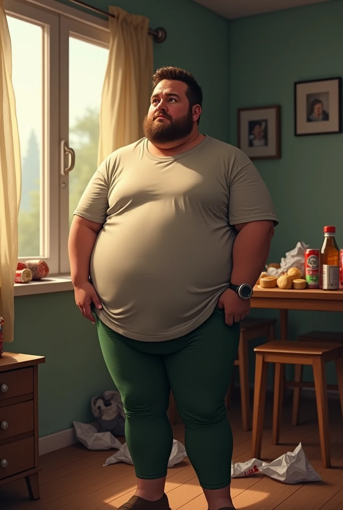 primitive, tmasterpiece, ultra fine photos,best qualtiy, 超高分辨率, realisticlying,1 uncle,aged 40,buzz cut,Short beard,Thick eyebrows,Wearing black-framed glasses,Chubby body,Chubby face,Thick arms, rays of sunshine, full-body portraits, Amazingly handsome,dynamicposes,Vibrant eyes ,Thick,Dark green shirt,Black leggings,sitting on a leather sofa, In the office,very highly detailed background, 详细的脸, detailed tidy background, opulent, highdetailskin, Realistic details of skin, Visible Pore, Sharp focus, volume fog, 8K UHD, digital SLR camera, high high quality, filmgrain, healthy-looking skin, photorealisti, Lomorro, Utopian metropolis of the future, look from down, vast pecs:1.3