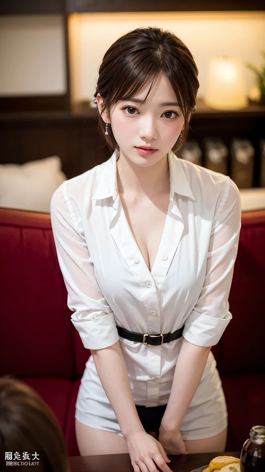 、High resolution、超High resolution、photograph、Japanese Women、Staring provocatively at each other、cute、Age 25、、Highly detailed skin、Japanese、、、Beautiful Face、Gazing Eyes、Transparency、Even skin、細部まではっきりとDescription、Natural skin correction、、Description、Beautiful thighs、、Small face、、、Stewardess uniform with an open front and low neckline、Slender、、Hostess、hostess、night、nightの飲食店、Dark interior、Red sofa seat、Short Hair、Updo、accessories(Earrings)、、Dark interior、A glimpse of sexy underwear