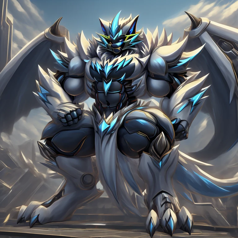 (zeraora, 8K), (zeraora's giant robot, Powered exoskeleton with the same design as zeraora), (Masterpiece, highres) (Detailed head, Detailed Body, Detailed abs, full body) (gigantic muscles, Gigachad Muscular, big muscle, pecs, triceps, traps, unusually developed muscular body, body full of huge muscles. showing off muscles, pectorales enormes, Exaggeratedly huge muscles.) (nj5furry, The claws are sharp, Sharp teeth, sharp claws), (long legs), (Spread wings, It has wings, have big wings, golden wings), (Wrestling, wrestler, the bodybuilding), (It has wings, whole body shines like metal, Wearing cyberpunk mecha, emphasizes the muscles, suit fully made of metal, intricate armor, Robotic suit, suit fully made of metal, cyborg), menacing pose, sitting on the throne, An arrogant expression. destroying city. BULK UP.