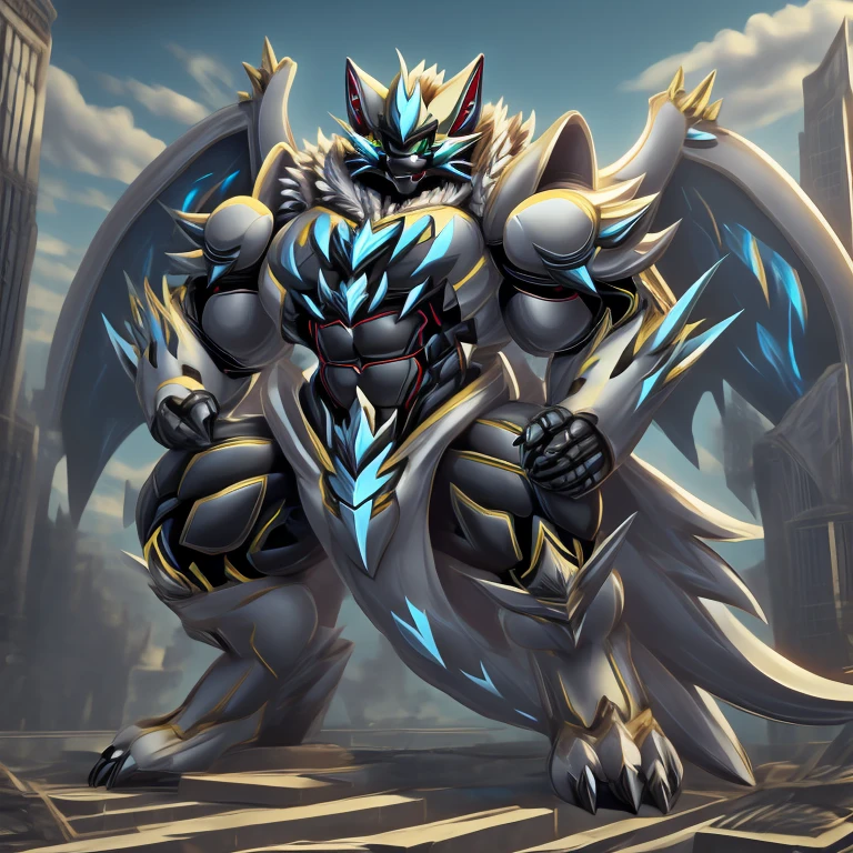 (zeraora, 8K), (zeraora's giant robot, Powered exoskeleton with the same design as zeraora), (Masterpiece, highres) (Detailed head, Detailed Body, Detailed abs, full body) (gigantic muscles, Gigachad Muscular, big muscle, pecs, triceps, traps, unusually developed muscular body, body full of huge muscles. showing off muscles, pectorales enormes, Exaggeratedly huge muscles.) (nj5furry, The claws are sharp, Sharp teeth, sharp claws), (long legs), (Spread wings, It has wings, have big wings, golden wings), (Wrestling, wrestler, the bodybuilding), (It has wings, whole body shines like metal, Wearing cyberpunk mecha, emphasizes the muscles, suit fully made of metal, intricate armor, Robotic suit, suit fully made of metal, cyborg), menacing pose, sitting on the throne, An arrogant expression. destroying city. BULK UP.