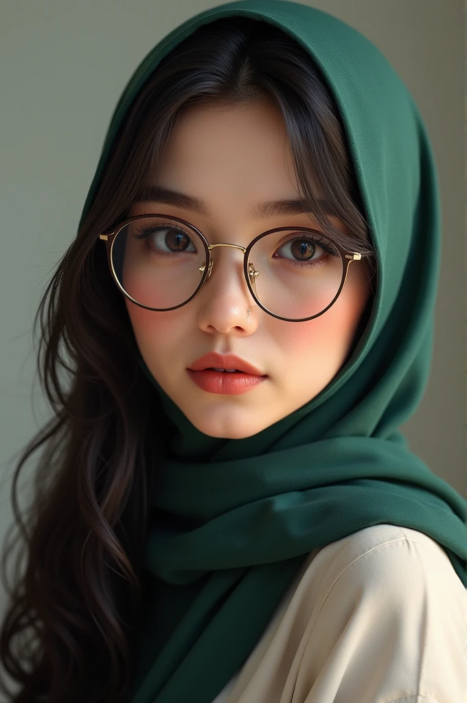 a 20 yo woman,((hijab)), soft dark green sweater, dark theme, soothing tones, muted colors, high contrast, (natural skin texture, hyperrealism, soft light, sharp), simple background, smile, natural beauty, glossy lips, (((perfect rounded eye glasses)))