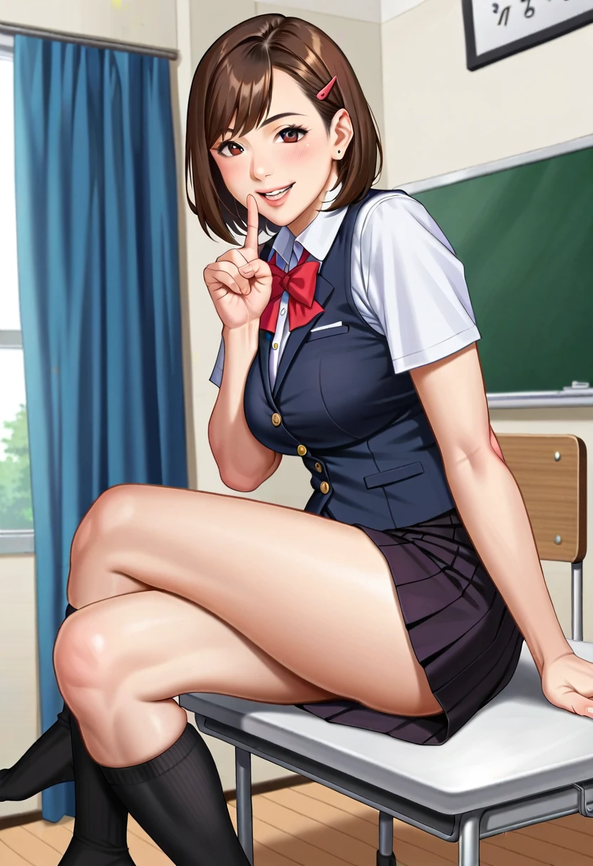 (masterpiece、Highest quality)、Beautiful illustrations、Staring at the audience、Beautiful thighs、Front view、1 Girl、Mature 、She looks like a 25-year-old high school girl.、Shiny skin、(Short Hair)、Big eyes、Long eyelashes、Very tall、 Beautiful Hair、Beautiful Face、Beautiful Eyes、 Beautiful breasts、Beautiful thighs、Beautiful feet、Beautiful fingers、(((Brown knitted vest、Short sleeve white collar shirt、Navy Pleated Skirt)))、((Red bow tie))、(In the classroom)、Are standing、((smile))