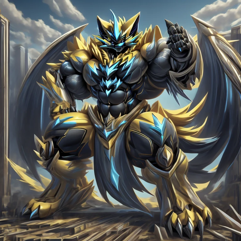 (zeraora, 8K), (zeraora's giant robot, Powered exoskeleton with the same design as zeraora), (Masterpiece, highres) (Detailed head, Detailed Body, Detailed abs, full body) (gigantic muscles, Gigachad Muscular, big muscle, pecs, triceps, traps, unusually developed muscular body, body full of huge muscles. showing off muscles, pectorales enormes, Exaggeratedly huge muscles.) (nj5furry, The claws are sharp, Sharp teeth, sharp claws), (long legs), (Spread wings, It has wings, have big wings, golden wings), (Wrestling, wrestler, the bodybuilding), (It has wings, whole body shines like metal, Wearing cyberpunk mecha, emphasizes the muscles, suit fully made of metal, intricate armor, Robotic suit, suit fully made of metal, cyborg), menacing pose, sitting on the throne, An arrogant expression. destroying city. BULK UP.