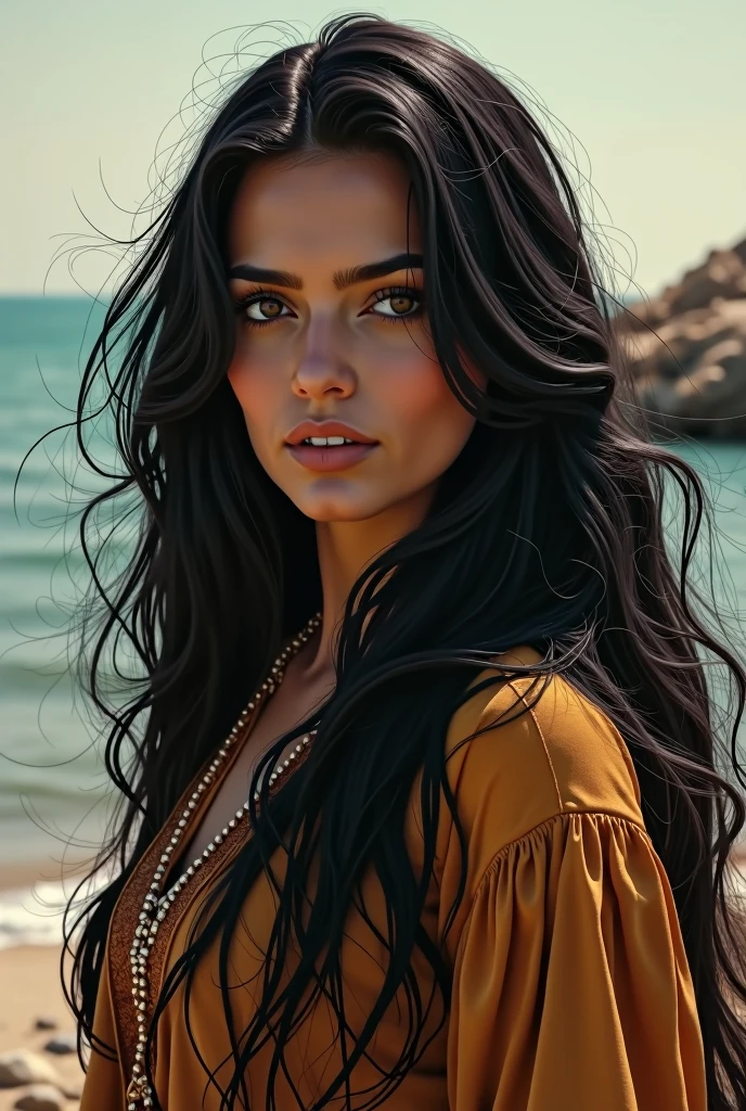 JC, portrait, long slick hair, beach, photography, trending on artstation, sharp focus, intricate details, by greg rutkowski   <lora:JC:0.7>