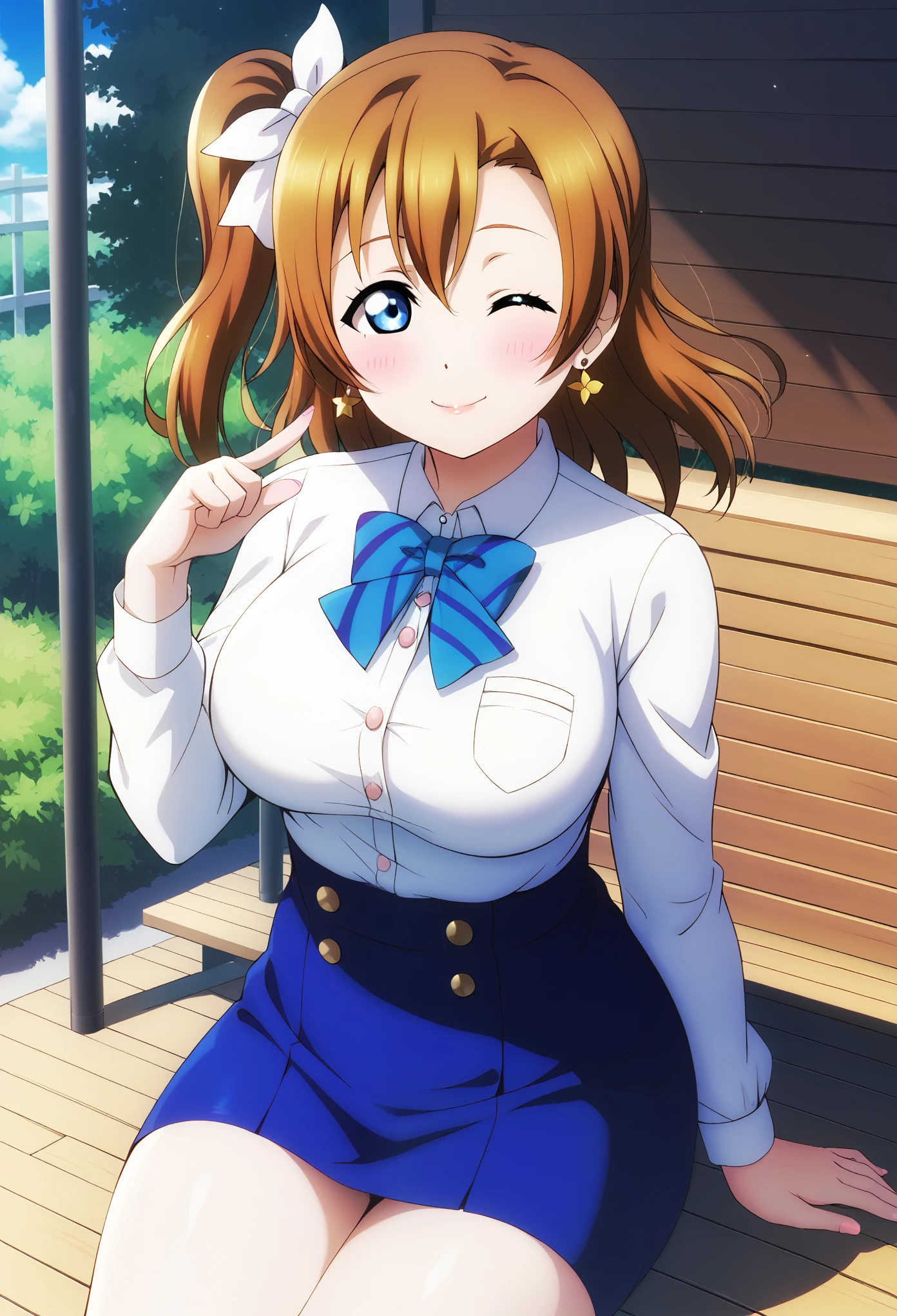 (Masterpiece, Best Quality, High Quality), anime style, love live,kousaka honoka , kousaka honoka,id_honoka_kosaka,love live, blue eyes, brown hair, 8k wallpaper, looking at viewer, earrings, outdoors, erotic figure, wink ,(blushing:1.2) ,sitting , skirt, side hair ribbon , thighs , shirt, buttons,big breasts  