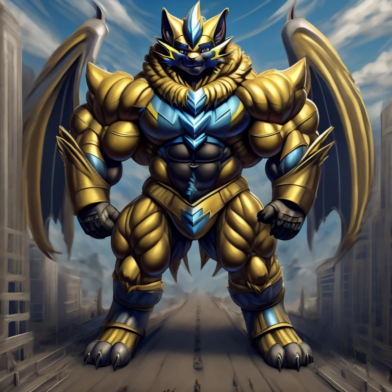 (zeraora, 8K), (zeraora's giant robot, Powered exoskeleton with the same design as zeraora), (Masterpiece, highres) (Detailed head, Detailed Body, Detailed abs, full body) (gigantic muscles, Gigachad Muscular, big muscle, pecs, triceps, traps, unusually developed muscular body, body full of huge muscles. showing off muscles, pectorales enormes, Exaggeratedly huge muscles.) (nj5furry, The claws are sharp, Sharp teeth, sharp claws), (long legs), (Spread wings, It has wings, have big wings, golden wings), (Wrestling, wrestler, the bodybuilding), (It has wings, whole body shines like metal, Wearing cyberpunk mecha, emphasizes the muscles, suit fully made of metal, intricate armor, Robotic suit, suit fully made of metal, cyborg), menacing pose, sitting on the throne, An arrogant expression. destroying city. BULK UP.